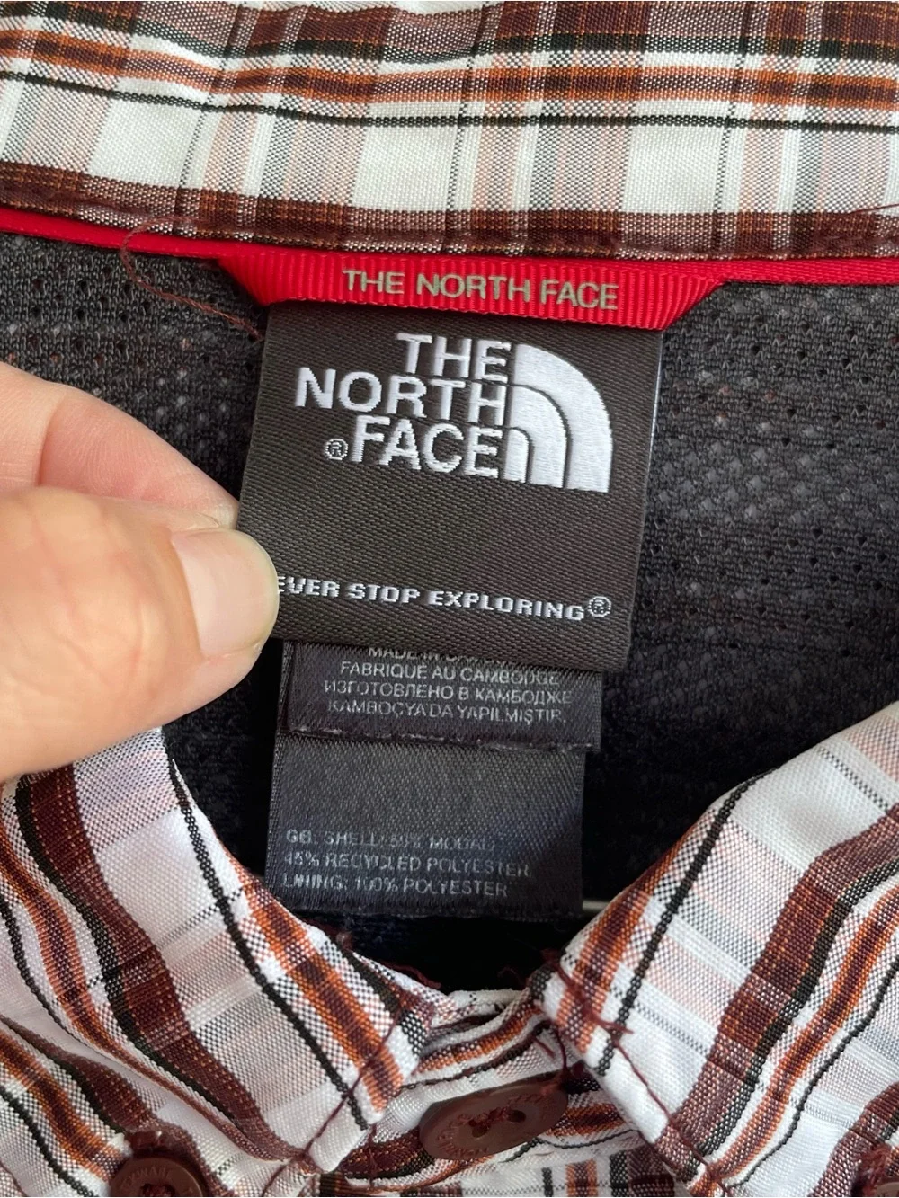 The North Face Men's Burgundy and White Plaid Button-Down Shirt
